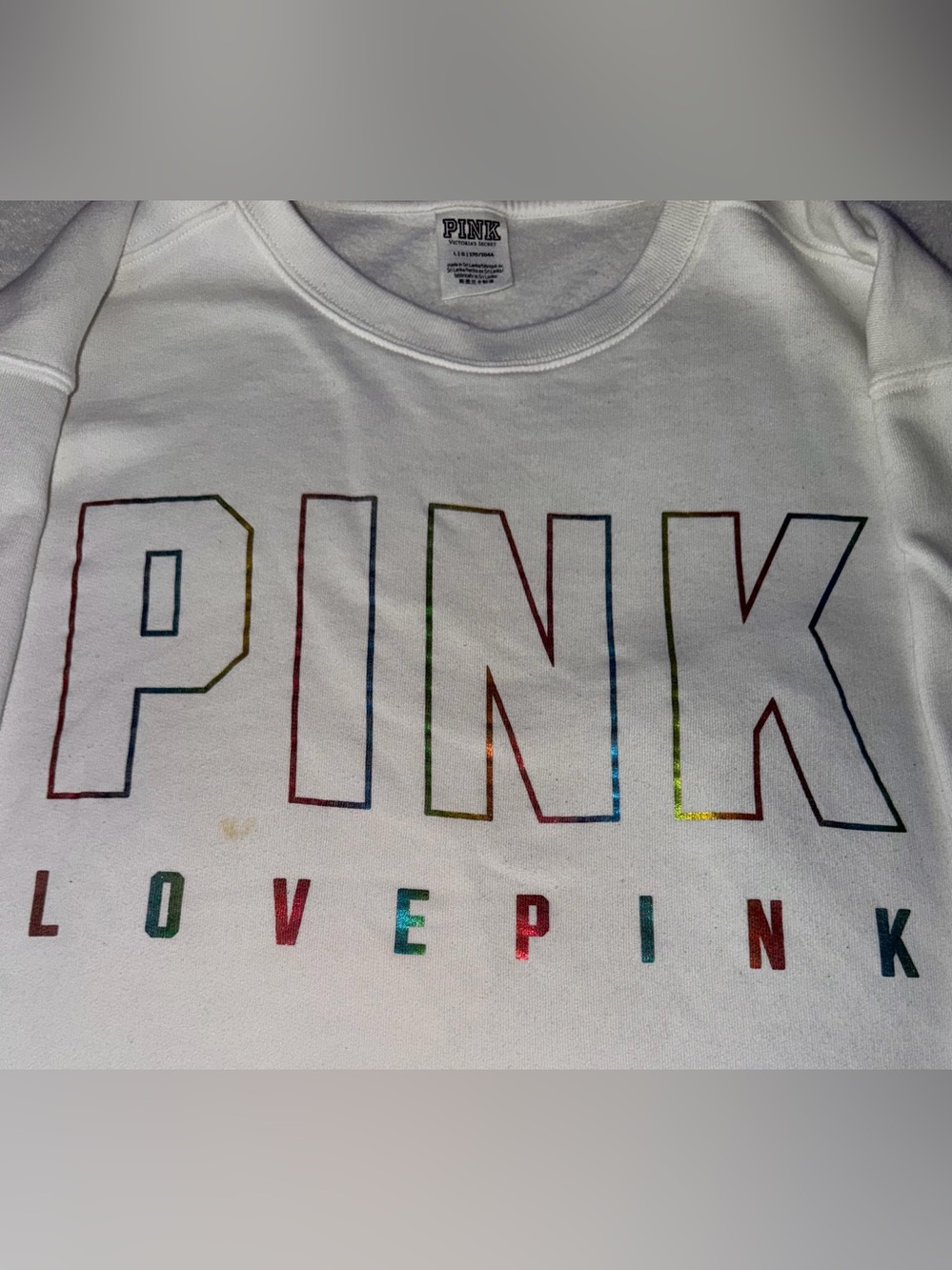 Women PINK Victoria's Secret White Crewneck Sweatshirt  Rainbow Logo Size Large